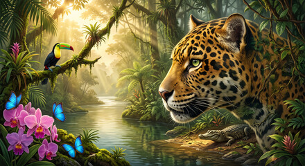 Obraz premium Amazon rainforest landscape with majestic jaguar toucan blue butterflies orchids and jungle river