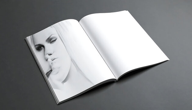 Open magazine or brochure showcasing a striking black and white portrait of a woman's face on the left page, blank right page
