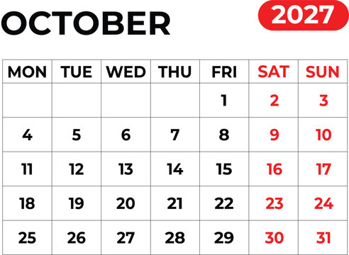 October 2027 Monthly Calendar with Sunday Start Printable Calendar