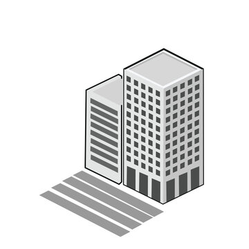 Minimalist isometric office tower with long shadow effect on white background for business branding.