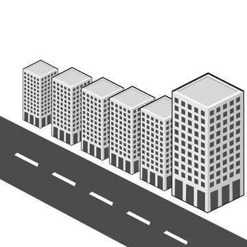 Isometric city street with row of gray office buildings and asphalt road for urban landscape diagram.