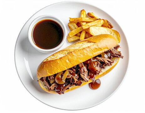 French dip sandwich and a cup of au jus on a white plate; flat lay shot. AI