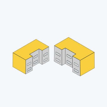 Isometric view of two symmetrical yellow topped buildings with windows for architectural plan mockup.