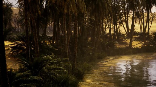 Twilight oasis with shimmering reflections, closeup of lagoon edge and palm silhouettes, cool blue dusk merging with warm sand tones, intimate atmosphere,