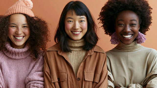 Three Young Women Smiling Together Against Warm Background