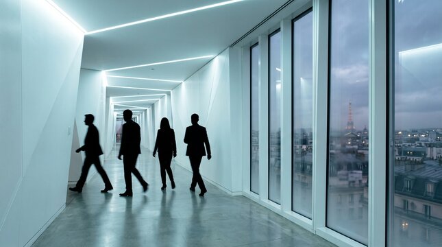 Business Professionals Walking Through Modern Office Corridor