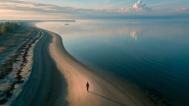 Solitary Figure Walking Along Curved Sandy Beach at Sunset