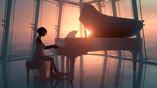 Young Girl Playing Grand Piano at Sunset by Window