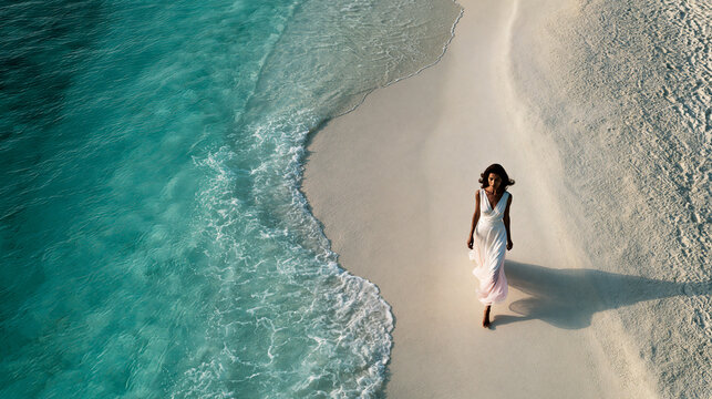 Woman in White Dress Walking on Pristine Beach