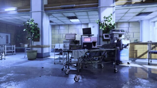 Flooded open plan office, reflective floor and scattered equipment empty desks with monitors, wheeled carts, potted plants, fluorescent ceiling lights, glossy