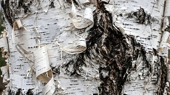 Close up texture of stark white birch tree bark with deep contrasting black peeling cracks