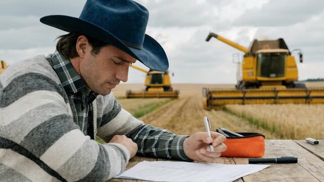 Medium shot of agriculture loan officer studying farm equipment collateral documents while harvesting machines remain out of focus in the background.