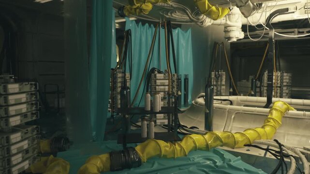 Space station interior with sensor array and stacked racks, autonomous drone performing calibration and diagnostics, extensive cabling and consoles, neutral