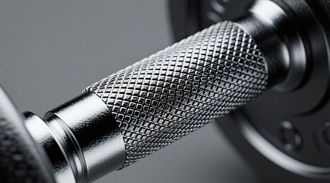 Close-up macro shot of shiny metal dumbbell handle with knurled grip. Focus on texture and detail of gym equipment for strength training and weightlifting workouts.