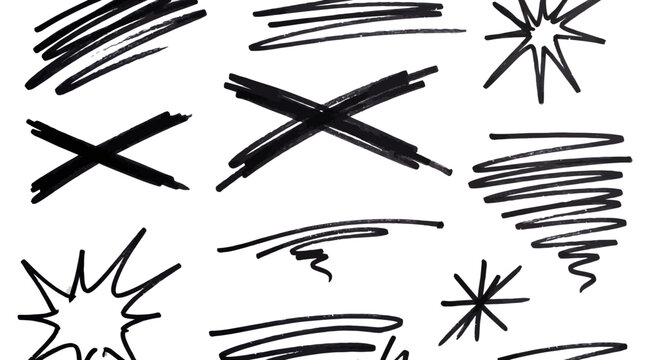 Black ink hand drawn scribbles and crosses created with a permanent marker on a clean white textured paper surface background