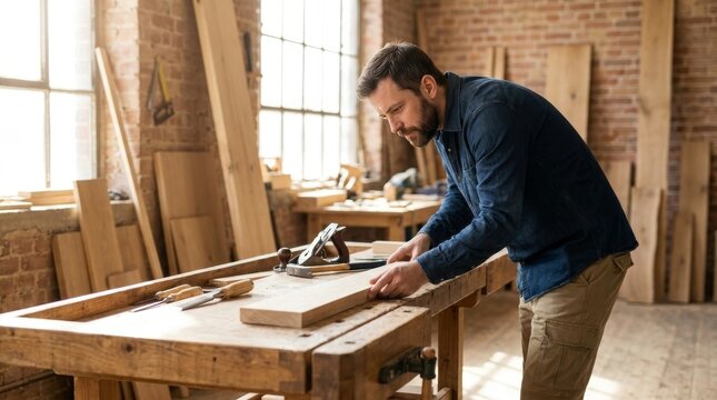 Skilled Male Carpenter Examining a Timber Plank on a Large Wooden Workbench inside a Sun-Drenched Rustic Workshop filled with Hand Tools and Raw Lumber