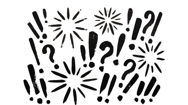 Hand painted black ink marks featuring bold exclamation points and question marks arranged on a textured white paper art surface