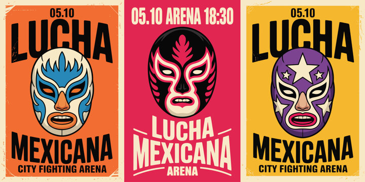 Mexican fight event posters collection, lucha libre wrestling promo templates with traditional masked wrestler icons, retro typography, and vertical ad banner designs