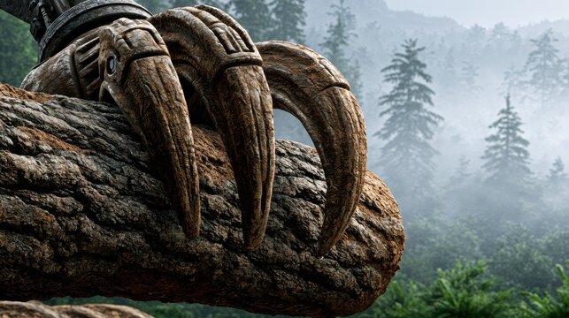 Forestry machinery grips a felled tree trunk in a misty forest, highlighting timber harvesting.