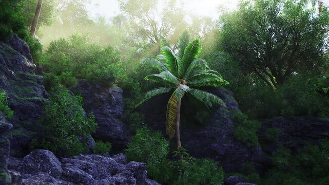 Sunlit Thailand jungle with solitary palm, limestone outcrops draped in moss, sunbeams piercing canopy, rugged boulder foreground, tranquil atmosphere