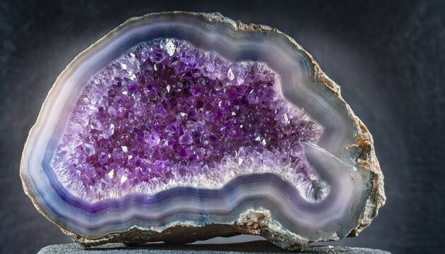 Amethyst geode cross section with sparkling purple crystals and agate banding on dark background