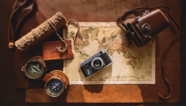 Vintage travel flat lay with retro film camera, antique compass, old world map and rope on leather background