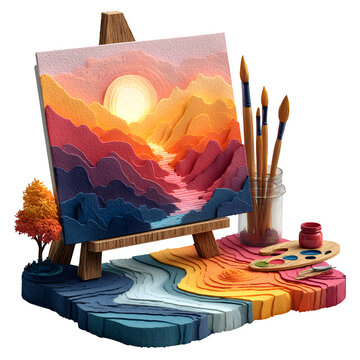 Artist painting vibrant sunset landscape with brushes and palette on easel