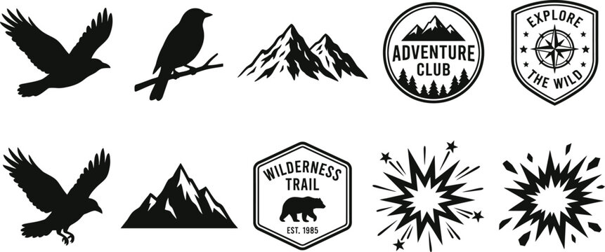Set of ten vintage monochrome emblems featuring skulls and flames in various shapes for t shirt design prints