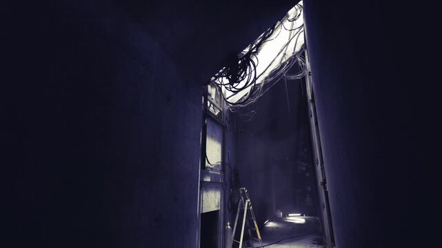 Dawn lit corridor under renovation works, ladder and scattered tools, exposed wiring and routed beams, soft natural light filtering from top opening, atmosphere