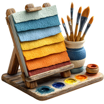 Handcrafted crocheted paper palette and brushes set displayed on wooden easel for art supply packaging