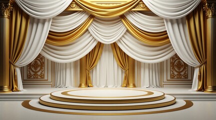 Obraz premium Luxurious white, gold stage platform for award ceremony. Elegant theater hall interior features classic draped curtains along decorative marble columns. Empty podium space for winner presentation