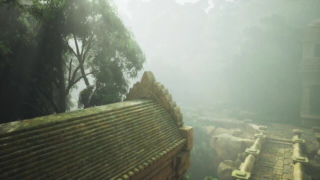 Foggy stone causeway winding through ancient complex with shallow channels and stepped terraces, diffused soft light on wet stone, quiet solitude
