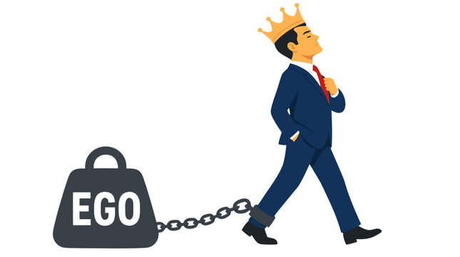 A businessman wearing a gold crown walks confidently but is chained to heavy iron weight labeled EGO, symbolizing how arrogance and self-importance can drag down career growth in the corporate world.