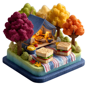 Handcrafted paper pop-up scene showcasing autumn picnic sandwiches and colorful trees