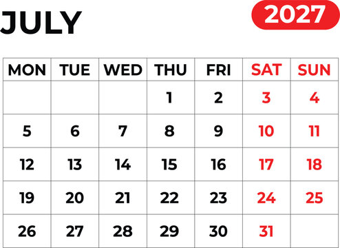 July 2027 Monthly Calendar with Sunday Start Printable Calendar Template