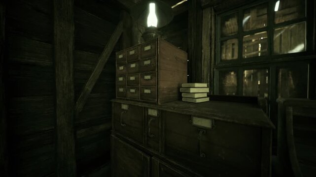 Dim researcher workspace with stacked drawers. Soft sepia light from exposed bulb, papers and ledgers in loose stacks, worn labels on index drawers, quiet
