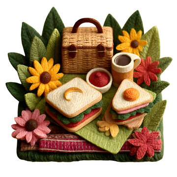 Handcrafted paper pop-up sandwich lunch box with tea set arranged on autumn-themed floral background