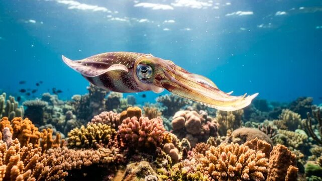 a bigfin reef squid close up underwater in pacific ocean morning light video