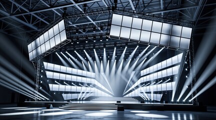 Naklejka premium Empty modern stage with architectural design illuminated by bright dynamic spotlights in spacious hall. Large screens hang above platform. Pro setup for concert event show production exhibition.