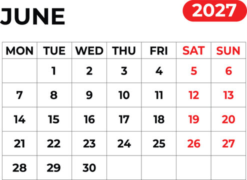 June 2027 Monthly Calendar with Sunday Start Printable Calendar Template