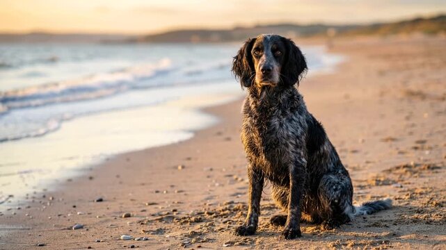 blue picardy spaniel at normandy beach france close up golden light video
