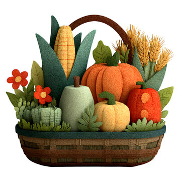 Handcrafted autumn harvest basket filled with felt pumpkins, corn, and wheat for seasonal decor