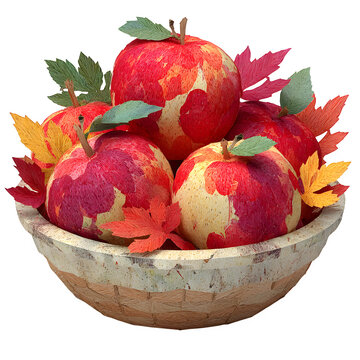 Fresh organic apples arranged in handcrafted paper pop-up basket with autumn leaves