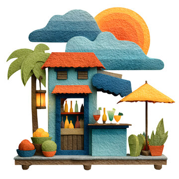 Handcrafted paper model beach shop with tropical drinks and umbrellas under sunset sky