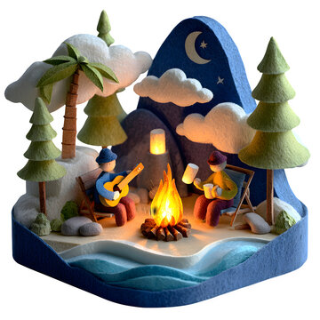 Family enjoying campfire under moonlight in winter forest cabin setting with warm lighting