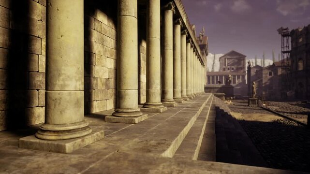 Long Antioch colonnade leading toward forum and distant arches, dusty air and softened horizon create cinematic depth, hint of ancient city