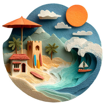 Handcrafted beach pop-up scene featuring surfboard, sailboat, and lighthouse on sandy shore with vibrant sunset