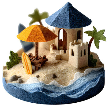 Handcrafted paper pop-up model of beach resort with palm trees and surfboard