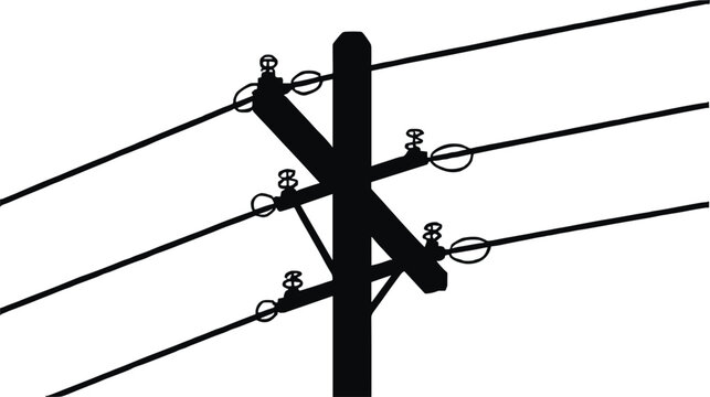Electrical utility pole silhouette with voltage power lines and insulators against a plain white background, for connectivity