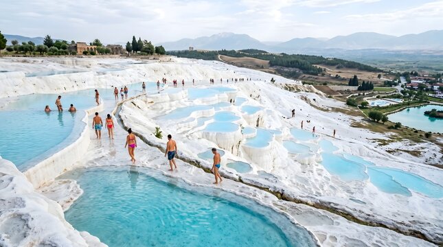 Stunning white travertine terraces filled with bright powder blue thermal water pools
